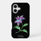 黒背景に大きな虹色の花と名前の手書き文字 iPhone 16ケース (裏面)