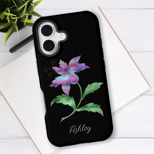 黒背景に大きな虹色の花と名前の手書き文字 iPhone 16ケース