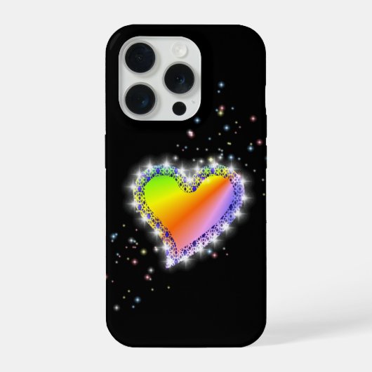 黒背景に星と虹色のハート iPhoneケース (裏面)