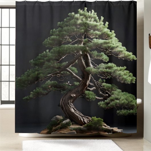 黒背景に育った盆栽の松 シャワーカーテン