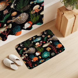 黒背景に色とりどりのオセアニアの魚 バスマット