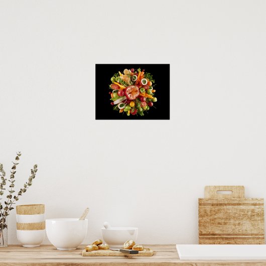 黒背景に鮮やかな新鮮な食べ物が弾ける ポスター (キッチン)