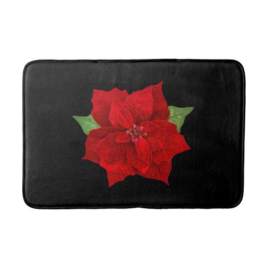 黒背景のクリスマス 赤 ポインセチア バスマット (正面)