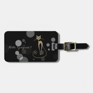 黒背景のグレーの水玉模様と猫のイラストと"Hello Gorgeous"のモチーフ ラゲッジタグ