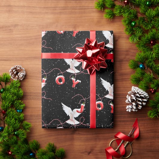 黒背景のジョイとハト ラッピングペーパー (クリスマスギフト)