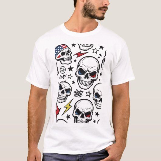 黒背景のネオンスカルストーム Tシャツ (正面)