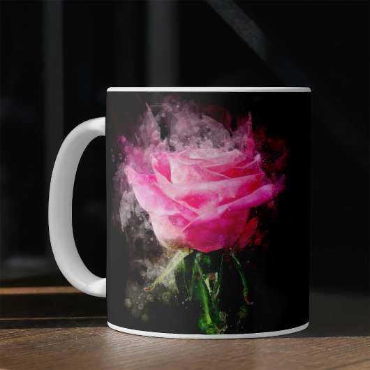 黒背景のピンクのバラの水彩画 コーヒーマグカップ