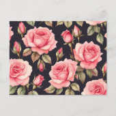 黒背景のピンクの水彩ローズ ポストカード (正面)