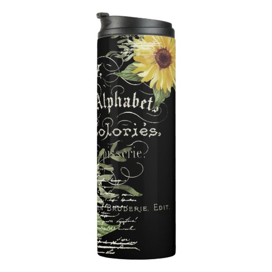 黒背景のヴィンテージ タイポグラフィーとひまわり タンブラー (回転右)