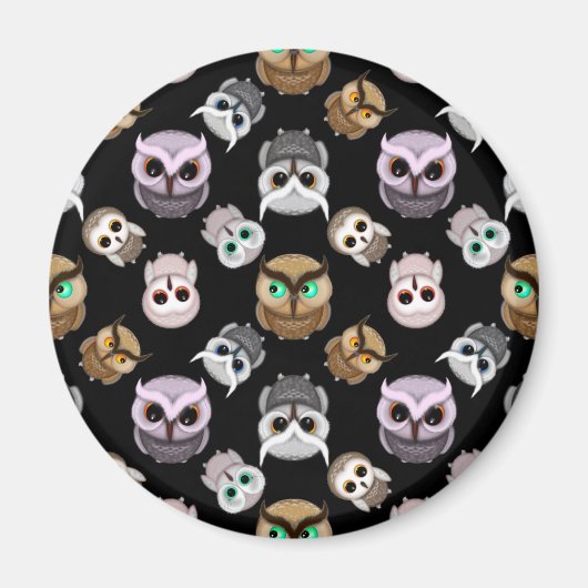 黒背景の上の可愛いフクロウのイラスト マグネット (正面)
