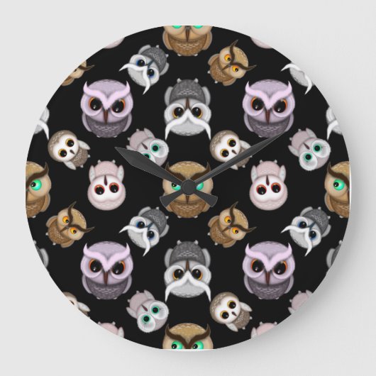 黒背景の上の可愛いフクロウのイラスト ラージ壁時計 (正面)