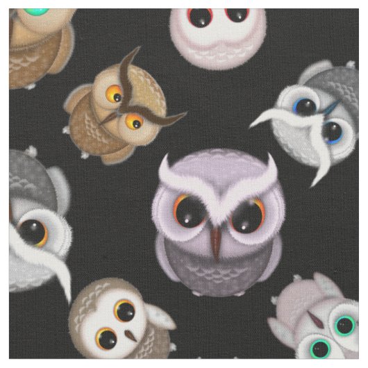 黒背景の愛らしいフクロウ ファブリック (クローズアップ)