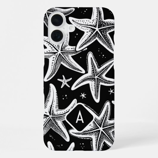 黒背景の手描きモノグラム入りヒトデ iPhoneケース (裏面)