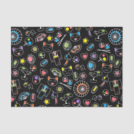 黒背景の日本のカワイイ文化の落書き 薄葉紙 (正面)