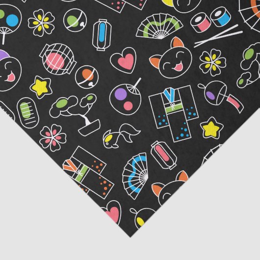 黒背景の日本のカワイイ文化の落書き 薄葉紙 (詳細)