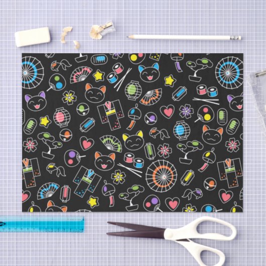 黒背景の日本のカワイイ文化の落書き 薄葉紙 (クラフト)