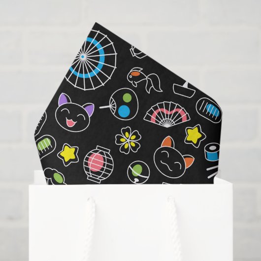 黒背景の日本のカワイイ文化の落書き 薄葉紙 (ギフトバッグ)