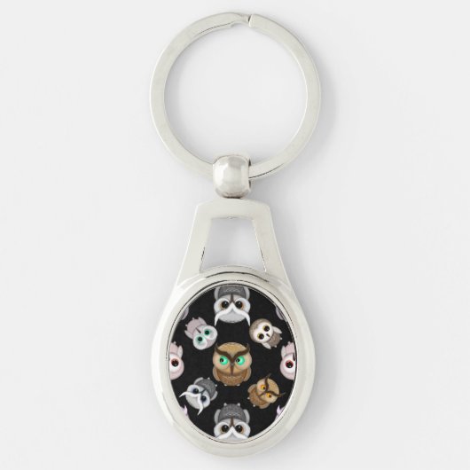 黒背景の楽しいフクロウ柄 キーホルダー (正面)
