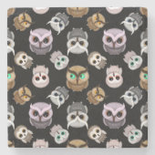 黒背景の楽しいフクロウ柄 ストーンコースター (正面)