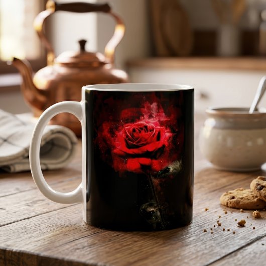 黒背景の水彩画による一輪の赤いバラ コーヒーマグカップ