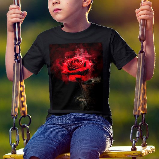 黒背景の水彩画による一輪の赤いバラ Tシャツ