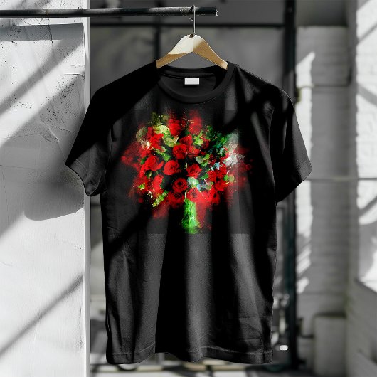 黒背景の水彩赤バラの花束 Tシャツ