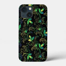 黒背景の緑、青、黄色の花柄 iPhone 13 MINIケース