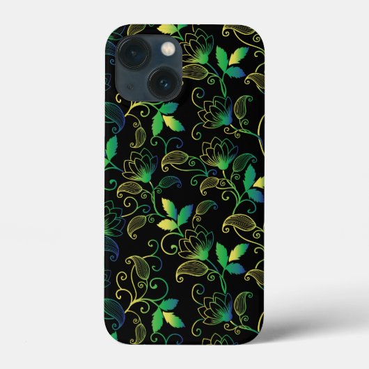 黒背景の緑、青、黄色の花柄 Case-Mate iPhoneケース (裏面)