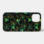 黒背景の緑、青、黄色の花柄 Case-Mate iPhoneケース (裏面 (横))