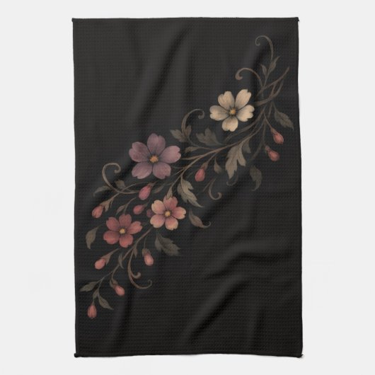 黒背景の花束 キッチンタオル (縦)