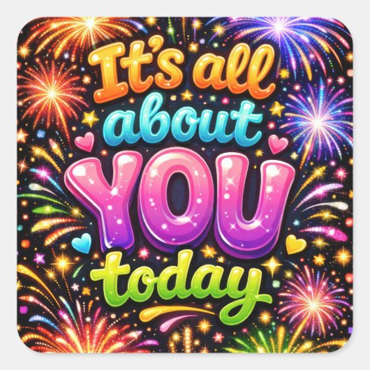 黒背景の誕生日ネオンファイヤーワークス スクエアシール (正面)