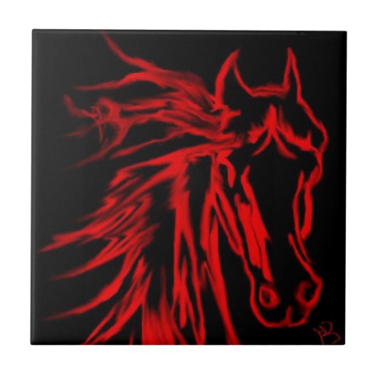 黒背景の赤い馬 オリジナルアート タイル (正面)