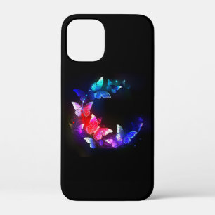 黒背景の輝くネオンナイトバタフライ iPhone 12 MINI ケース