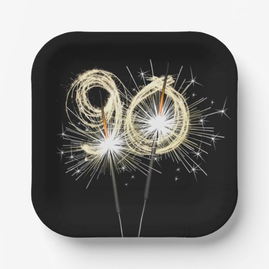 黒背景の90歳誕生日パーティーのスパークラー ペーパープレート (正面)