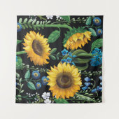 黒背景ひまわり模様 タペストリー (正面(横))