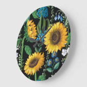 黒背景ひまわり模様 ラージ壁時計 (傾斜)