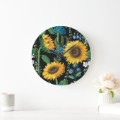 黒背景ひまわり模様 ラージ壁時計 (ホーム)