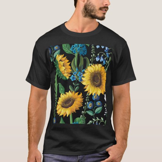 黒背景ひまわり模様 Tシャツ (正面)