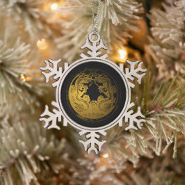 黒背景ゴールデン中国のドラゴン新年 スノーフレークピューターオーナメント