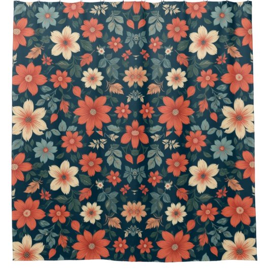 黒背景シームレスフローラデザイン シャワーカーテン (正面)