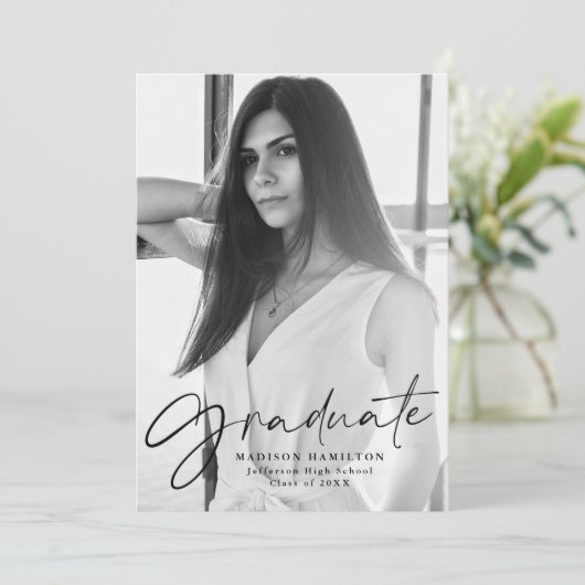 黒脚本スタイリッシュ写真卒業パーティー 招待状 (スタンド正面)