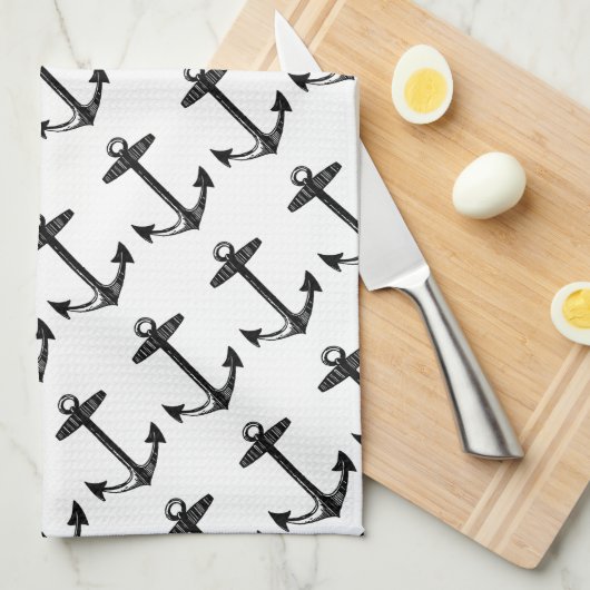 黒航海のいかりパターン キッチンタオル (四つ折り)