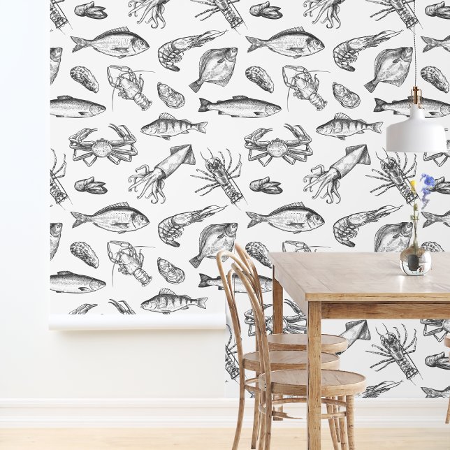 黒航海の白シーフードパターンキッチン 壁紙 (Nautical Black & White Seafood Pattern Kitchen Wallpaper
)