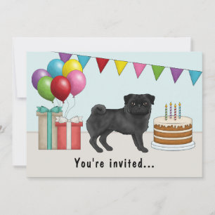 黒色のパグ かわいい カートゥーン 犬 カラフルな 誕生日 招待状
