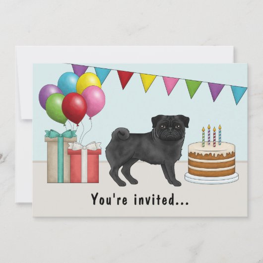 黒色のパグ かわいい カートゥーン 犬 カラフルな 誕生日 招待状 (正面)