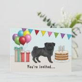 黒色のパグ かわいい カートゥーン 犬 カラフルな 誕生日 招待状 (スタンド正面)