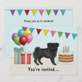 黒色のパグ かわいい カートゥーン 犬 カラフルな 誕生日 招待状 (正面/裏面)