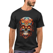 黒色の半袖Tシャツにスチームパンクなドクロのデザイン