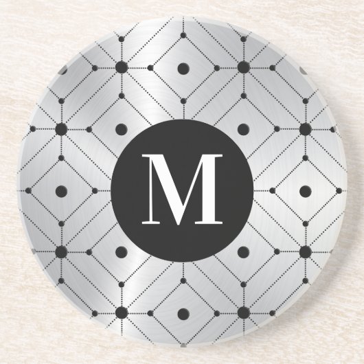 黒色の幾何学模様の銀色の背景 コースター (正面)