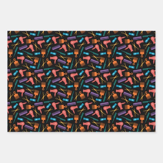 黒色の数々の理容師ツールシルエットパターン ラッピングペーパーシート (正面2)